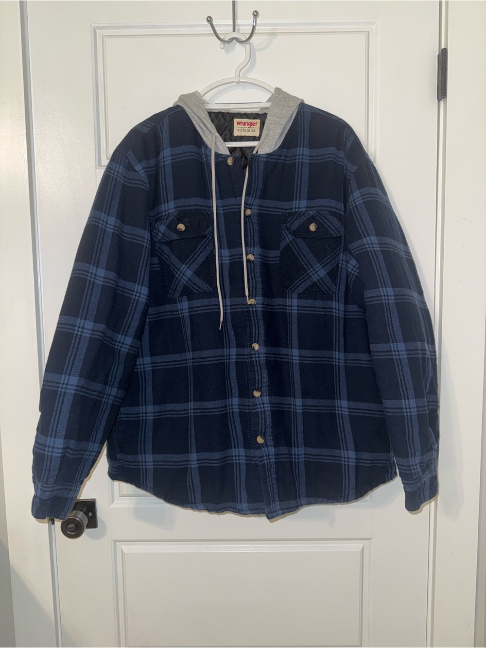 Wrangler Navy & Light Blue Plaid Hooded Flannel Jacket